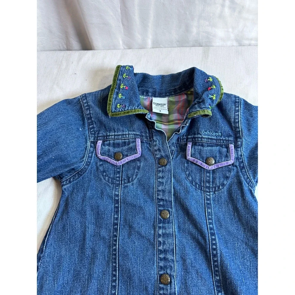 OshKosh Denim Dress 4 Blue Floral Embroidered Velvet Trim Ruffle Kids